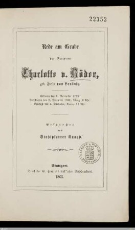 Rede am Grabe der Freifrau Charlotte v. Röder, geb. Freiin von Beulwitz : Geboren den 9. November 1793, entschlafen den 2. December 1862 ... beerdigt den 4. December ...