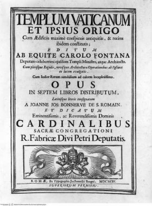 Templum vaticanum et ipsius origoTitelblatt (lateinisch) - Frontespizio (testo latino)