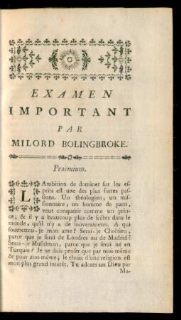 Examen Important Par Milord Bolingbroke. Proëmium