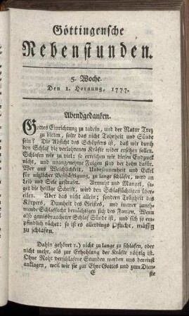 5. Woche. Den 1. Hornung, 1777
