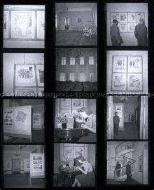 Schwarz-Weiß-Negative mit Aufnahmen einer Ausstellung im Haus der Kultur der Sowjetunion am Festungsgraben in Berlin