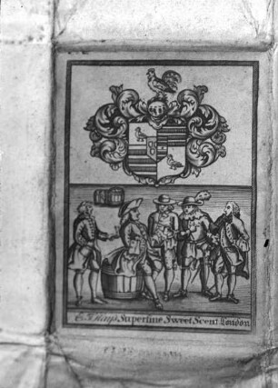 Etikett für ein Tabakpäckchen: Wappen und diskutierende Männer