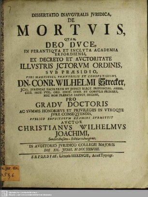 Dissertatio Inauguralis Juridica, De Mortuis