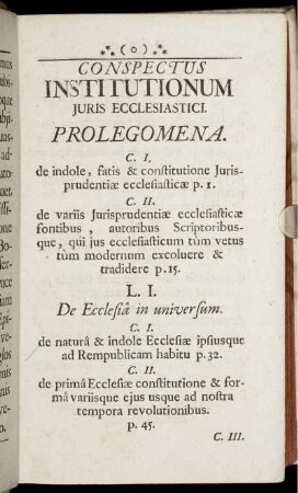 Conspectus Institutionum Juris Ecclesiastici.