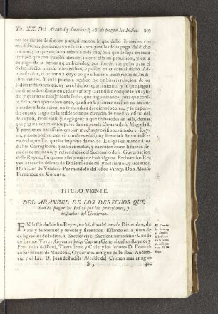 Titulo Veinte. Del Aranzel de los derechos que han de pagar los Indios.....
