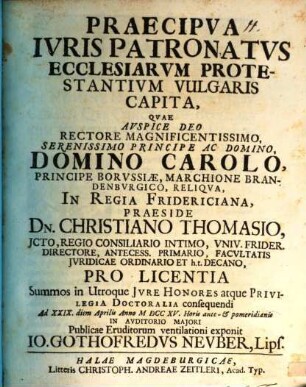 Praecipva Ivris Patronatvs Ecclesiarvm Protestantivm Vulgaris Capita