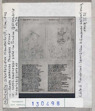 München, Staatsbibliothek: Clm 146, Schlettstadter Handschrift (von li. nach re.) Moses zerbricht die Krone des Pharao, Nebukadnezars Traum