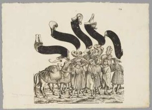 Fünf Männer führen Pferde, Blatt 134 aus: Marx Treitzsaurwein, "Kaiser Maximilian I Triumph – le triomphe de l’Empereur Maximilien I en une suite de Cent trent cinq planches gravées en bois d’après les dessins de Hans Burgmair", Wien 1796