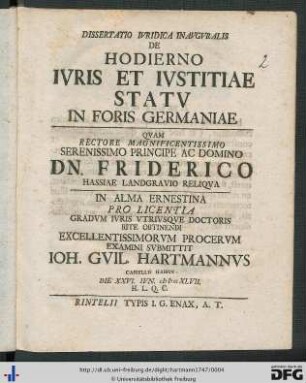 Dissertatio Ivridica Inavgvralis De Hodierno Ivris Et Ivstitiae Statv In Foris Germaniae
