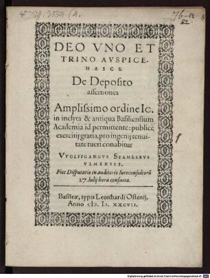 De depositio assertiones : fiet disputatio in auditorio iureconsultorum 27. Iulii