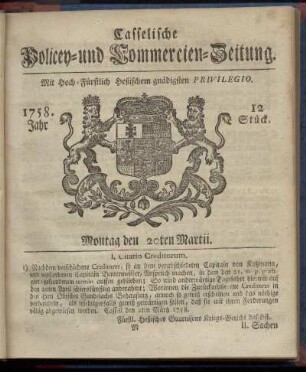 12. Stueck, Montag den 20ten Martii 1758