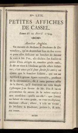 No LXIX (Samedi 24 Avril 1784)