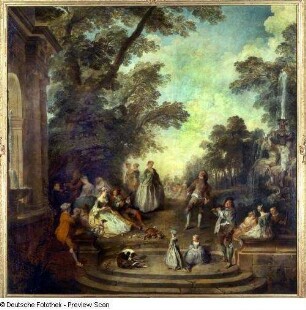 Tanzbelustigung im Schloßpark : Lancret, Nicolas: Tanzbelustigung im Schloßpark. 1725? Öl auf Leinwand; 207,5 x 207,5 cm. Dresden: Gemäldegalerie Alte Meister 784