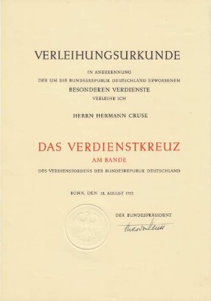 Verleihungsurkunde für Hermann Cruse, Aschaffenburg