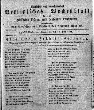 437stes Stueck, Sonnabend, den 17. May 1817