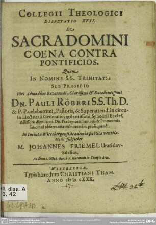 17: De sacra domini coena contra pontificios