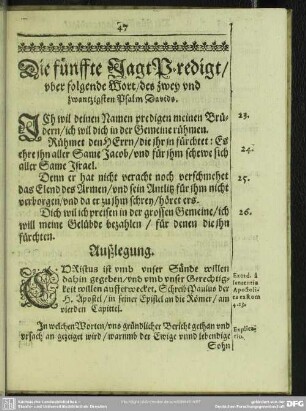 Die fünffte Jagt Predigt, uber folgende Wort, des zwey und zwantzigsten Psalm Davids