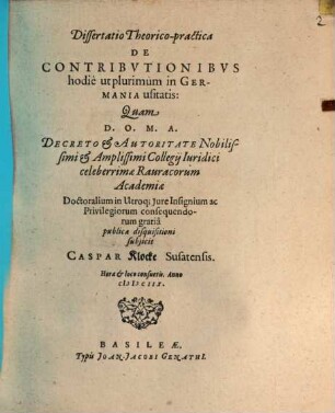 Diss. ... de contributionibus hodie ut plurimum in Germania usitatis