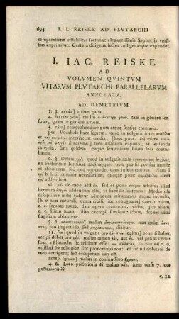 I. Iac. Reiske Ad Volumen Quintum Vitarum Plutarchi Parallelarum Annotata
