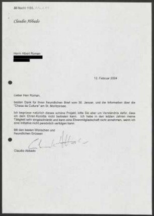 Brief an Albert Roman, 12.02.2004