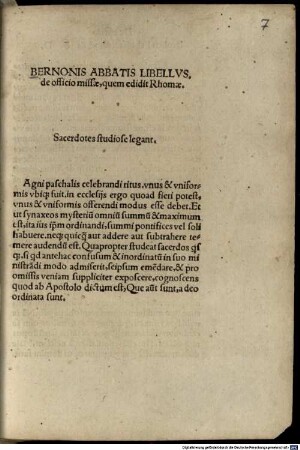 Bernonis Abbatis Libellvs, de officio missae : quem edidit Rhomae