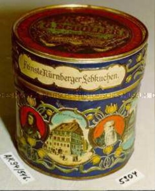 Blechdose für "Extrafeine Nürnberger Lebkuchen G. SCHÖLLER Königl. Bayer. Hoflieferant Loeblein's Nachflg."