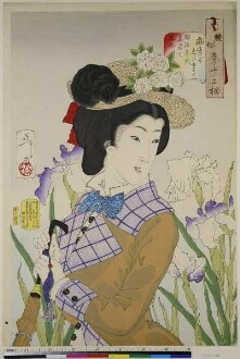 Sie scheint einen Spaziergang zu machen: Gepflogenheiten einer Hausfrau der Meiji-Zeit, Blatt 32 aus der Serie: 32 Aspekte von Frauen