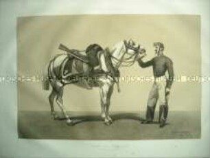 Uniformdarstellung, Zugpferd und Soldat des Train in Jacke, Frankreich, 1861. Tafel 52 im Buch: Armand-Dumaresq: Uniformes de l'Armée Française.