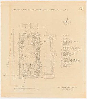 Gartenanlagen und Gärten Wohngebiet Burgfeld, Neviges: Garten Stadtdirektor Willebrand: Grundriss mit Bepflanzungsplan 1:100