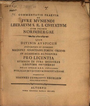 Commentatio praevia de iure muniendi liberarum S. R. I. civitatium, cum primis Norimbergae