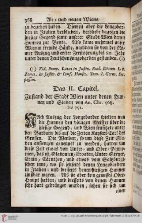 Das II. Capitel. Zustand der Stadt Wien unter denen Hunnen und Slaven von An. Chr. 568. bis 791