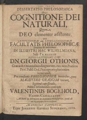Dissertatio Philosophica De Cognitione Dei Naturali