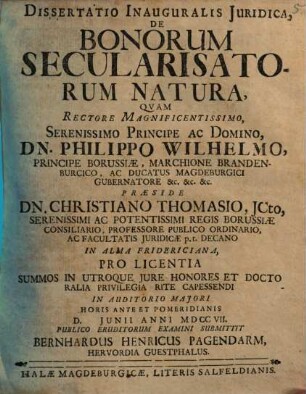 Dissertatio inauguralis iuridica de bonorum secularisatorum natura