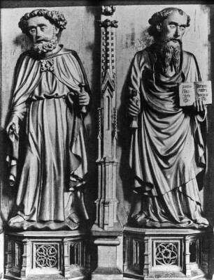 Hannover, Goldene Tafel, ehem. Hochaltar der St. Michaeliskirche Lüneburg, zwei Schnitzfiguren; Landesmuseum