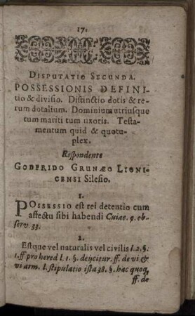 Disputatio Secunda. Possessionis Definitio & divisio [...]