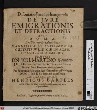 Disputatio Iuridica Inauguralis De Iure Emigrationis Et Detractionis