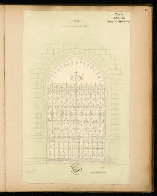 Schmiedeeisernes Tor Monatskonkurrenz Mai 1873: Grundriss-Skizze, Ansicht