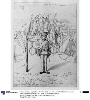 Leopold Friedrich Franz Prinz von Dessau vor einem Bataillonslager aus dem Siebenjährigen Krieg. Enkel des Fürsten Leopold, als 10jähriger Knabe, eingekleidet zum ersten Dienst im Regiment des Großvaters