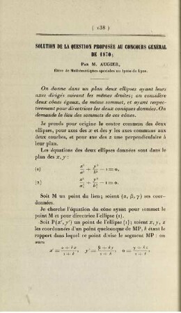 Solution de la question proposée au concours général de 1870.