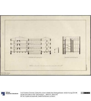 Entwurf zu einem städtischen Wohngebäude. Vorzeichnung (Schnitt rechts) zum Stich in der "Sammlung architektonischer Entwürfe", Heft 10, Tafel 64 (oben), 1826