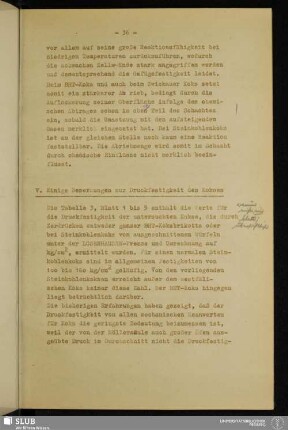 V. Einige Bemerkungen zur Druckfestigkeit des Kokses