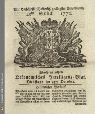 43tes Stueck, Dienstags den 23ten October 1770