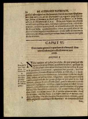 Caput VI. Continens generalia quaedam de alienandi liber tate ejusdemq[ue] restrictione ex jure civili.