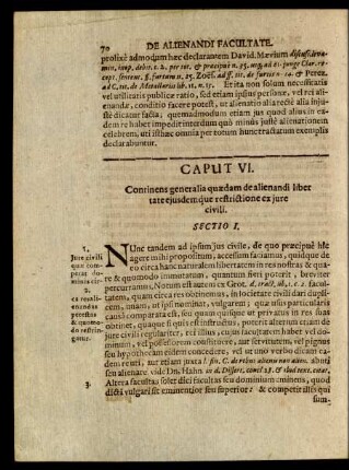 Caput VI. Continens generalia quaedam de alienandi liber tate ejusdemq[ue] restrictione ex jure civili.