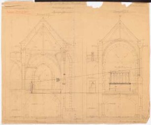 Großherzogliches Museum, Darmstadt Ausführungsprojekt ab 1896: Mittelalterlicher Hof, gotischer Teil: Querschnitte 1:25