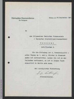 Brief des Thüringischen Staatsministeriums an den ADF