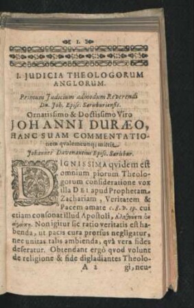 I. Iudicia Theologorum Anglorum. Johanni Duraeo ...
