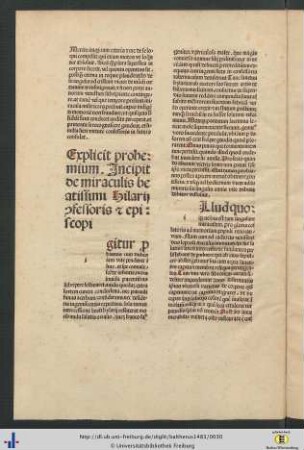 Incipit de miraculis beatissimi hilarii confessoris et episcopi.