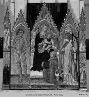 Thronende Madonna mit dem Kind, mit dem Heiligen Bernhard von Siena, dem Heiligen Sebastian und dem Heiligen Fabian