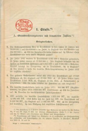 Kriegs- und volkswirtschaftliche Rechenaufgaben : nach Unterrichtsstufen und Sachgebieten geordnet ; eine Ergänzung zu allen Rechenbüchern, insbesondere zu denen für höhere Schulen von Thaer und Rouwolf